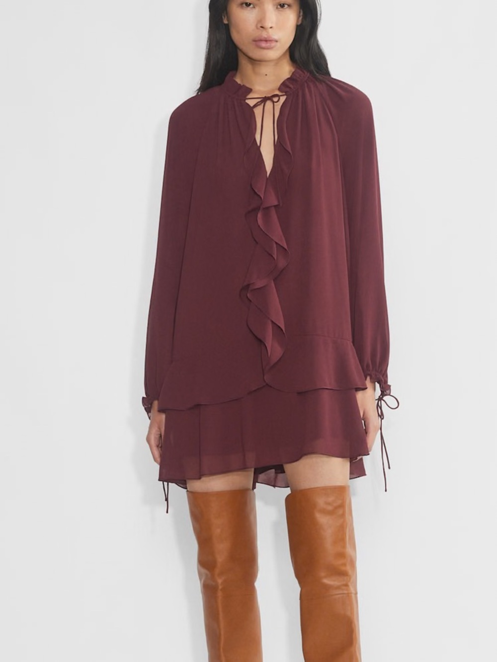 Wilfred Amerie Dress Ruffle-Front Long-Sleeve Mini Dress in Burgundy XS